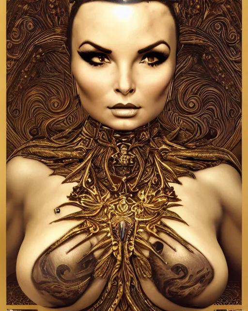 Image similar to concept art, Christy Mack, beautiful, frank frazetta, ornate, art nouveau, symmetrical, gold jewelry, high contrast, unbiased render, Emil melmoth, eerie, haunting, victorian, 8k, octane render, style of Gustav Klimt, head and shoulders