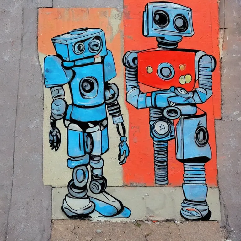 Prompt: Street-art painting of Soviet robot in style of retro futurism, photorealism