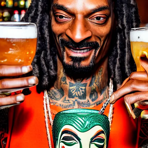 Image similar to a closeup photorealistic photograph of happy snoop dogg at trader vic's bar holding a tiki mug that features the face of snoop dogg. brightly lit scene. this 4 k hd image is trending on artstation, featured on behance, well - rendered, extra crisp, features intricate detail, epic composition and the style of unreal engine.