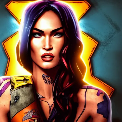 Image similar to megan fox portrait, borderlands, tales from the borderlands, the wolf among us, comic, cinematic lighting, studio quality, 8 k