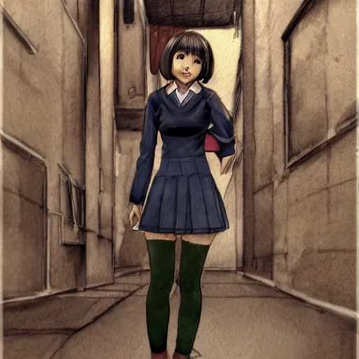 Image similar to a perfect, realistic professional digital sketch of a Japanese schoolgirl posing in a sci-fi alleyway, style of Marvel, full length, by pen and watercolor, by a professional American senior artist on ArtStation, a high-quality hollywood-style sketch, on high-quality paper