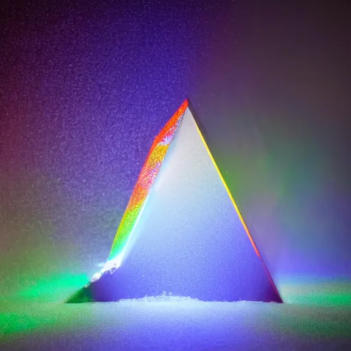 Prompt: DSLR still of a prism taking in white light on one side and splitting it into fire water wind and earth, 8k