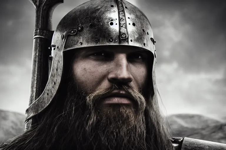 Image similar to still photo of viking warrior looking at the camera in a battlefield, black and white color aesthetic, highly detailed, photorealistic portrait, bright studio setting, studio lighting, crisp quality and light reflections, unreal engine 5 quality render