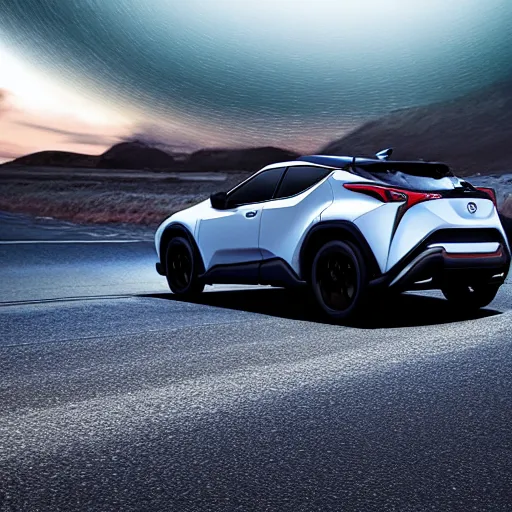 Image similar to toyota chr on a midnight road, hyperrealistic render