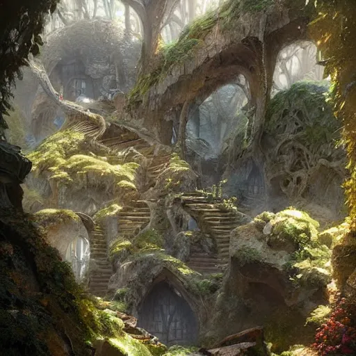 Image similar to worm's eye view of a elven headquarters carved inside a mountain above a arranged garden, neat and tidy, magical, natural light, fantasy, sharp focus, concept art, by greg rutkowski and craig mullins, cozy atmospheric
