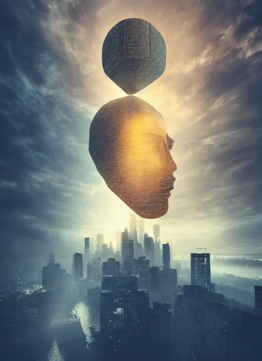 Image similar to megalophobia realistic photo of a hyper - dimensional head floating above a city, stylistic painting, dramatic lighting, dynamic composition, octane render, 4 k, 8 k