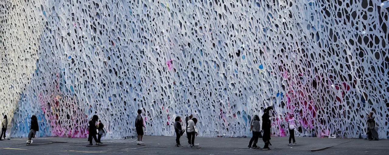 Prompt: people in a busy city people looking at a white building covered with a 3d graffiti veil, made of discsrded fashion, with paint dripping down to the floor, tadao ando, kengo kuma, shigeru bab, hiroshi yoshida, christos, yoshitaka Amano, james gurney, ikigai, and james jean, architectural illustration, at dusk, synthwave signs