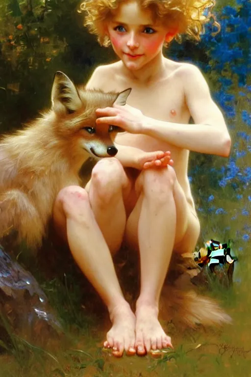 Image similar to a seven - year old with curly light - dirty - blonde hair, blue eyes, tan!! skin playing with foxes, painting by daniel gerhartz, alphonse mucha, bouguereau, detailed art, artstation