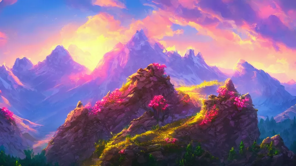 Image similar to a flowery unreal mountain scenery, sunset, cartoon, cute, artstation, digital art.