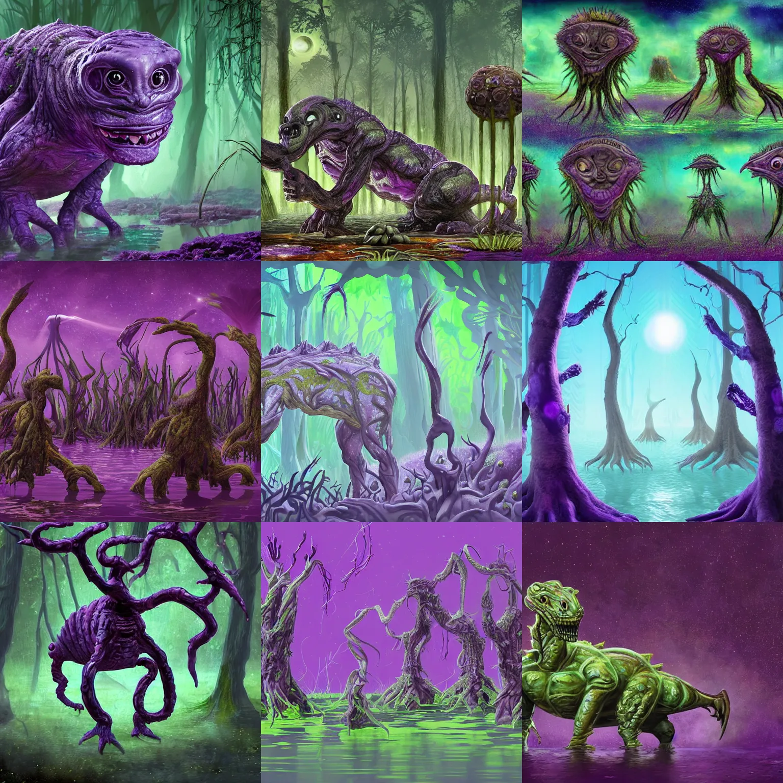 Prompt: extraterrestrial creature animal like adapted to swamps made of fertile purple mud and bulbous trees biomes, speculative evolution exobiology astrobiology, sci - fi illustration realistic naturalistic art