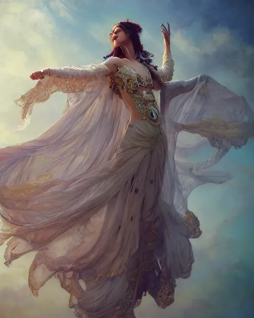 Image similar to a beautiful close up portrait of a sorceress floating on air with elegant looks, flowing robe, ornate and flowing, intricate and soft by ruan jia, tom bagshaw, alphonse mucha, wlop, beautiful roman architectural ruins in the background, epic sky, vray render, artstation, deviantart, pinterest, 5 0 0 px models