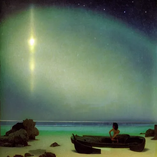 Prompt: Sea Of Stars of Vaadhoo Island Maldives, Bioluminescent sea plankton that shines multiversal during the night, makes the sea area glowing water, ethereal and dreamy, art by William-Adolphe Bouguereau