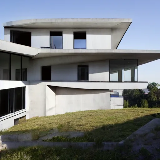 Image similar to second story cantilevered white brutalist elevated home on top of 2 large oblong piers