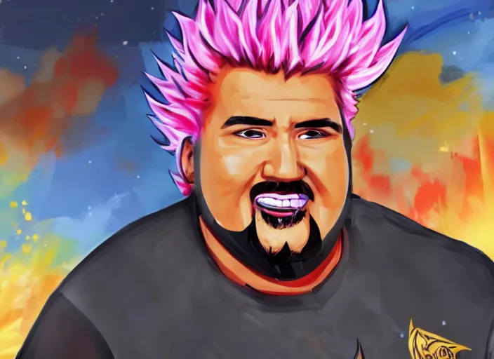 Image similar to painting of guy fieri as a character in the game league of legends, with a background based on the game league of legends, detailed face, painterly, digital art, angular!!