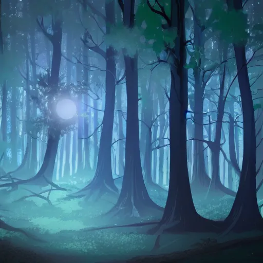 Image similar to a moonlit mystical forest, digital art, neo - noir, anime styled