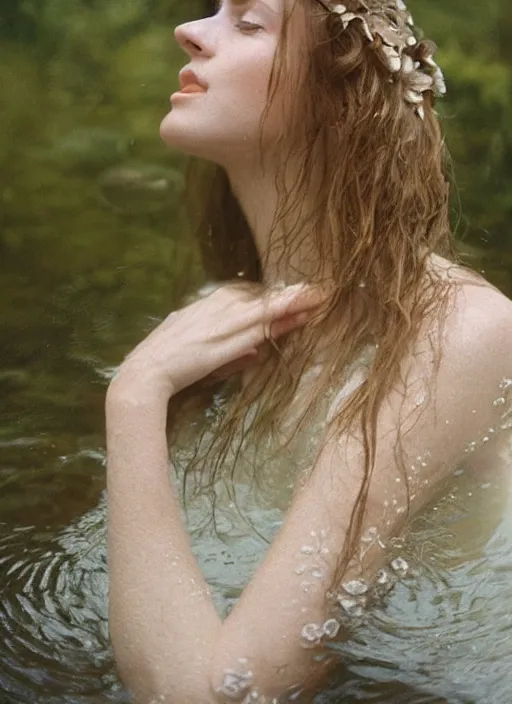 Image similar to Kodak Portra 400, 8K, soft light, volumetric lighting, highly detailed, britt marling style 3/4 ,portrait photo Close-up portrait photography of a beautiful woman how pre-Raphaelites, the face emerges from a pond surrounded by lily pads, thermal waters flowing down white travertine terraces, inspired by Ophelia paint ,and hair are intricate with highly detailed realistic beautiful flowers , Realistic, Refined, Highly Detailed, interstellar outdoor soft pastel lighting colors scheme, outdoor fine art photography, Hyper realistic, photo realistic