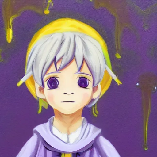 Image similar to little boy wearing nun outfit, blonde hair. purple and yellow color palate, detailed soft painting, made in abyss art style, anatomically correct