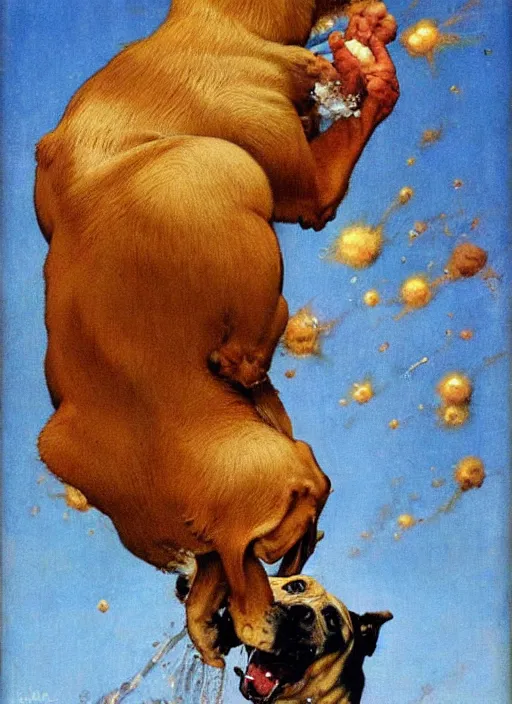 Image similar to a norman rockwell painting of an exploding dog