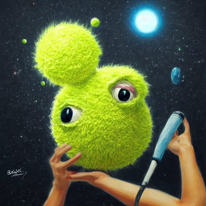 Image similar to cinematic portrait of a cute tennis ball monster in the abyss of space, chalk, masterpiece, trending on artstation, featured on pixiv, cinematic composition, dramatic pose, beautiful lighting, sharp details, hyper-detailed, HD, HDR, 4K, 8K, art by Basil Gogos