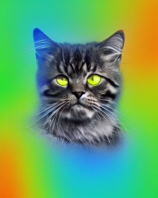 Image similar to highly detailed high resolution stacked plot of radio emissions from a pulsar, abstracted light refractions and stripy interference, making up a fluffy cat isolated on black, silk screen t-shirt design 4K