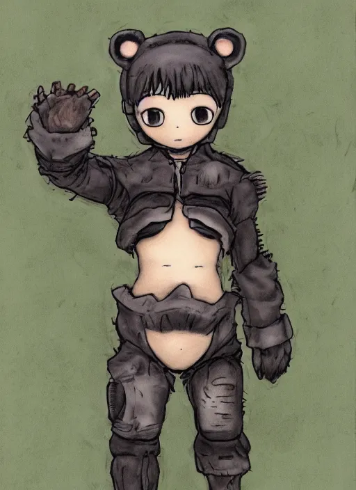 Image similar to beautiful little boy wearing an cyborg bear suit, artwork in kentaro miura and made in abyss and rosdraws, smooth, beautiful lightness, anatomically correct, trending on pixiv, forest