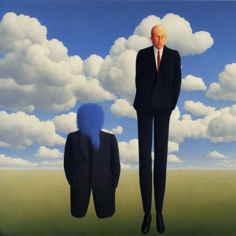 Image similar to portrait of a cloud man in a suit by rene magritte, detailed painting, hd, hq, high resolution, high detail, 4 k, 8 k