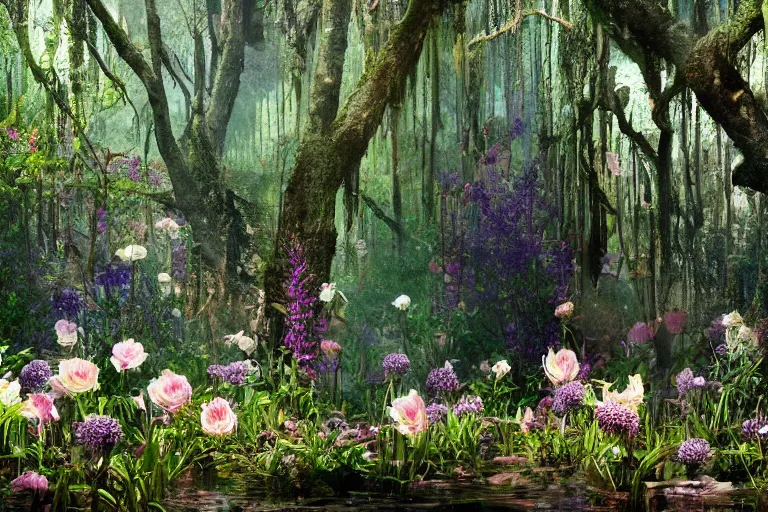 Image similar to hyperrealism, scene from starship, louisiana swamps, spring blooming flowers garden, true detective, 8 k, 8 0 s japanese sci - fi books art