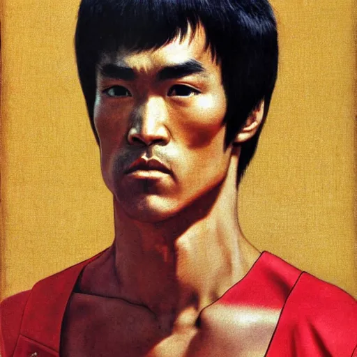 Prompt: Frontal portrait of Bruce Lee. A portrait by Norman Rockwell.