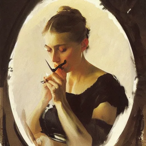 Image similar to anders zorn painting of a beautiful woman with a melting face smoking