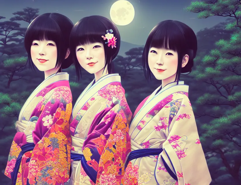 Image similar to two beautiful charming japan girls wear arty kimono in festival | | sunny night, full moon, dreamlike art, realistic shaded, smile, good looking, hyper details, 4 k realistic, cryengine, realistic shaded lighting poster by ilya kuvshinov, fuji choko, ross tran, 8 k resolution, trending on artstation, luxury