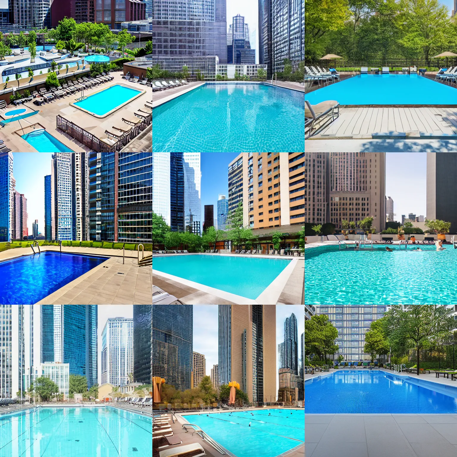 Prompt: pool surrounded by tall buildings