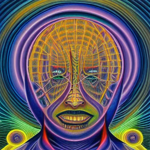 Image similar to enlightened biomechanical a. i, oil painting by alex grey