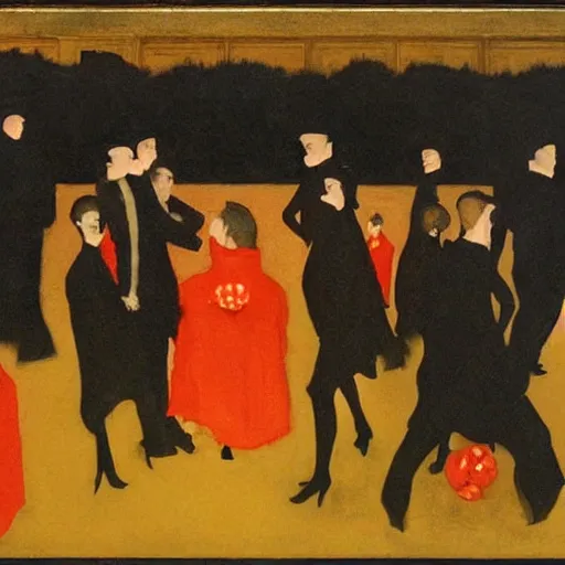 Image similar to a tiny dark black night club with a few red chinese lanterns, people's silhouettes close up, people dancing, surrealism, by romaine brooks