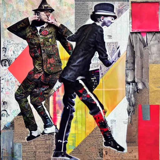 Prompt: mixed media collage with canvas texture in style of contemporary art, punk art, soldiers dancing