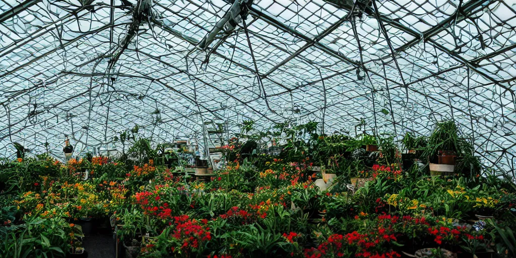 Image similar to geodesic dome greenhouse interior, bright colors, cinematic, cyberpunk, smooth, chrome, lofi, calming, dramatic, studio ghibli, high contrast, epic composition, hyper realistic, concept art, XF IQ4, 150MP, 50mm, F1.4, ISO 200, 1/160s, natural light, photolab