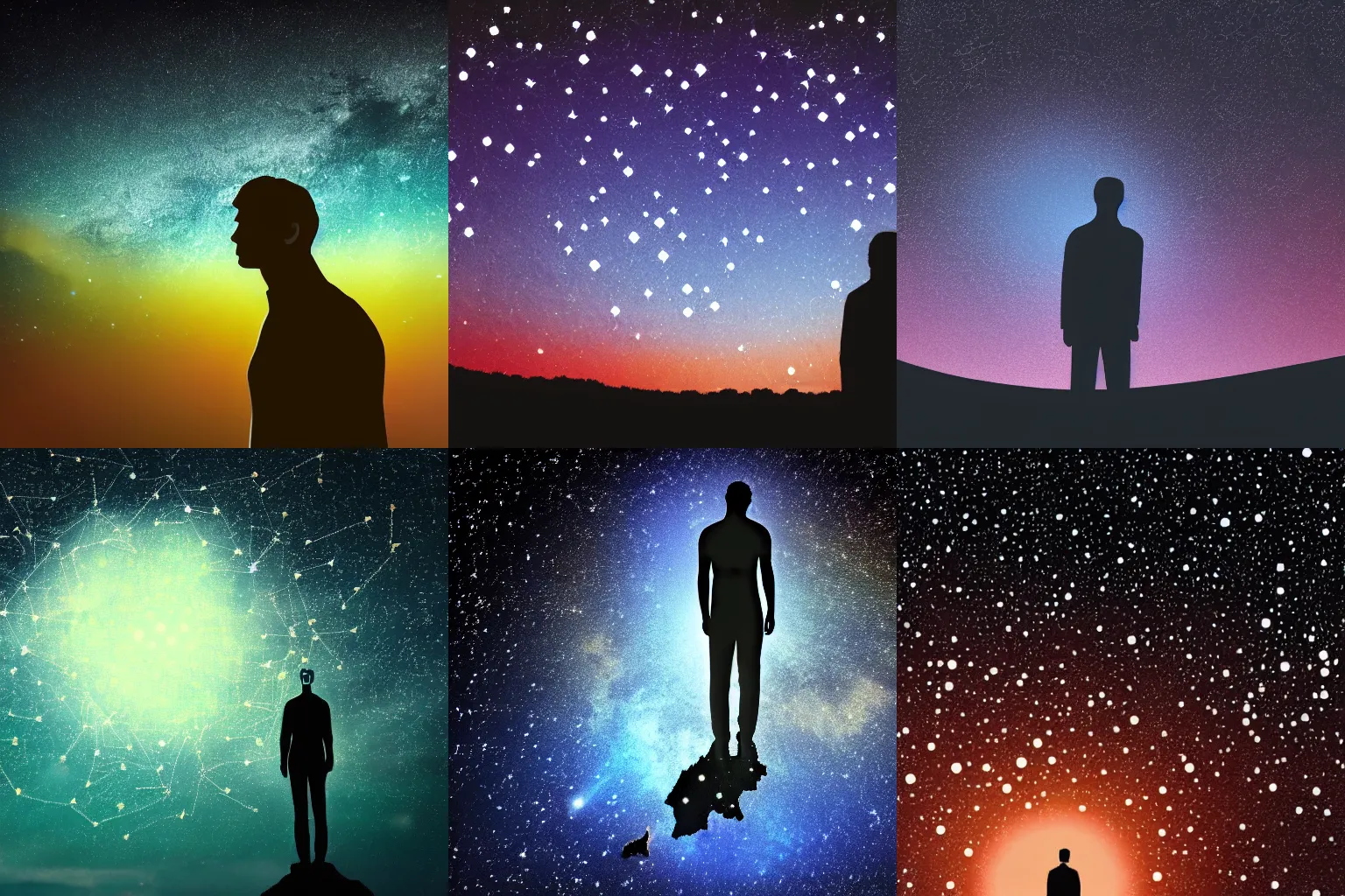 Prompt: silhouette of a man staring at the distant starry sky where the stars form a constellation looking like a flower, 4 k, beautiful digital art