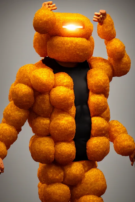 Image similar to channing tatum in a tater tot costume, tater tot face, ef 8 5 mm f 1. 8 usm, bionic scifi alexandre ferra, hyper detailed, digital art, trending in artstation, cinematic lighting, studio quality, smooth render, unreal engine 5 rendered, octane rendered