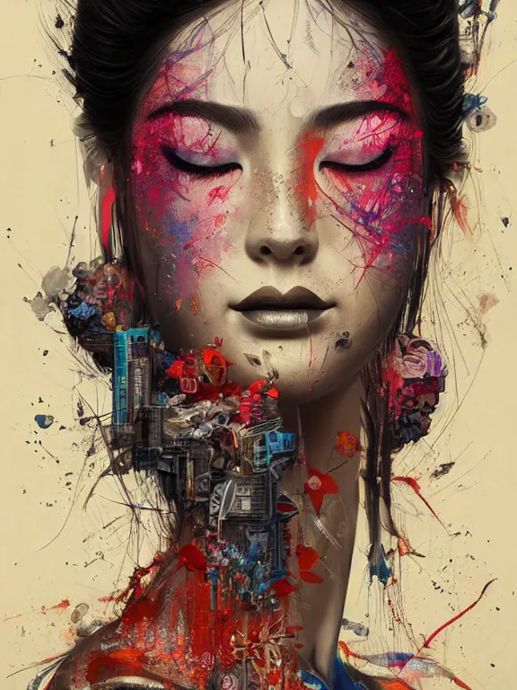 Prompt: art portrait of geisha ,8k,by tristan eaton,Stanley Artgermm,Tom Bagshaw,Greg Rutkowski,Carne Griffiths,trending on DeviantArt,face enhance,hyper detailed,minimalist,cybernetic, android, blade runner,full of colour,