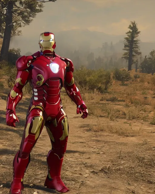 Image similar to robust bulky and sleek iron man suit in red dead redemption 2, cinematic, photorealistic