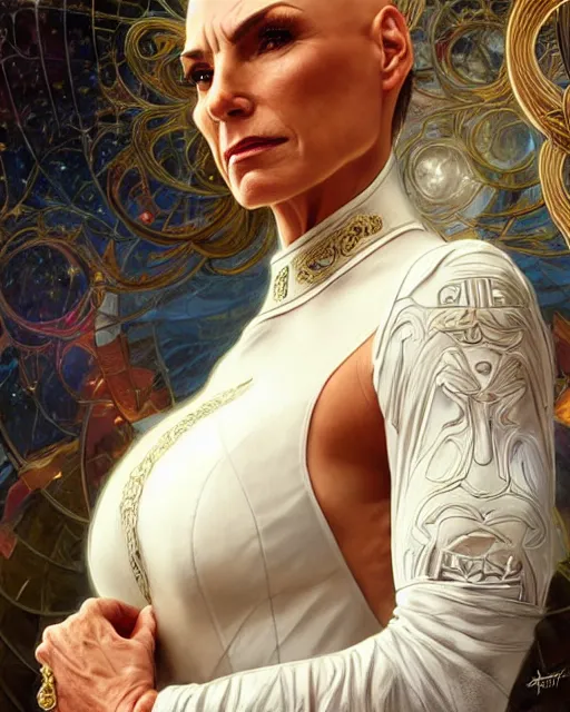 Image similar to Portrait of Jean Luc Picard marrying Jodie Marsh, real life skin, intricate, elegant, highly detailed, artstation, concept art, smooth, sharp focus, art by artgerm and greg rutkowski and alphonse mucha