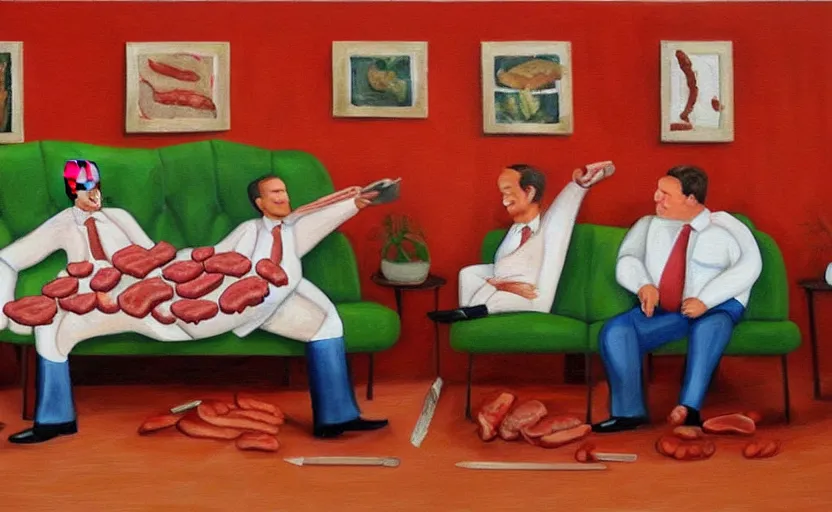 Prompt: realistic painting of couch made out of meat, business men sitting on couch made out of meat and talking, meat couch, meat couch,