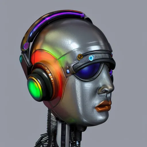 Image similar to a claymodel of a steampunk spaced out futuristic robot head wearing headphones and multicolored tubes, 8 k, front view, symetrical, flourescent colors, halluzinogenic, multicolored, exaggerated detailed, front shot, 3 d render, octane