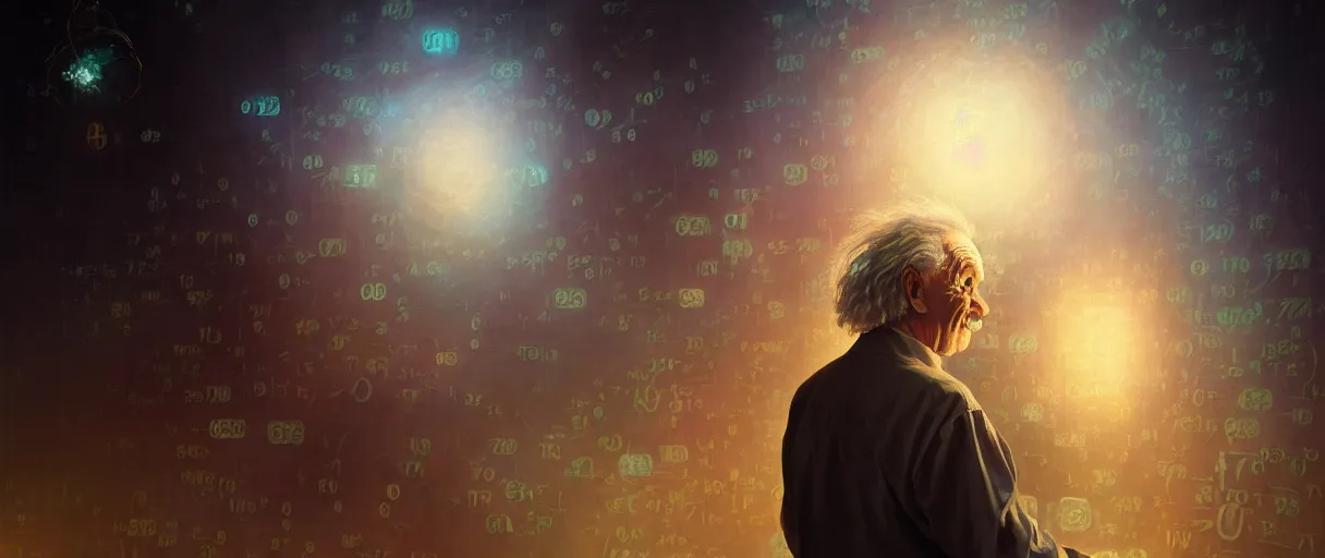 Prompt: portrait of albert einstein with blackboard full of complex equations - volumetric lighting - art, by wlop, james jean, victo ngai! muted colors, very detailed, art fantasy by craig mullins, thomas kinkade cfg _ scale 8