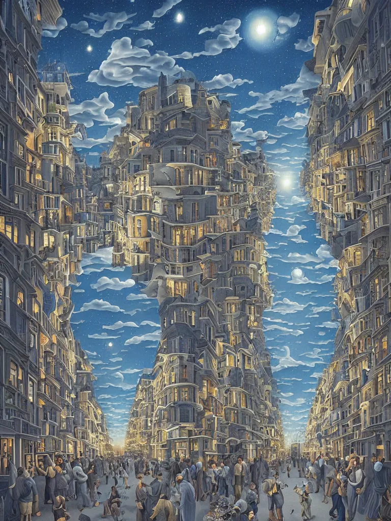 Image similar to A crowded street extending into the night sky, matte painting by Rob Gonsalves, in the style of Salvador Dalí, surrealism, magic realism, optical illusion art