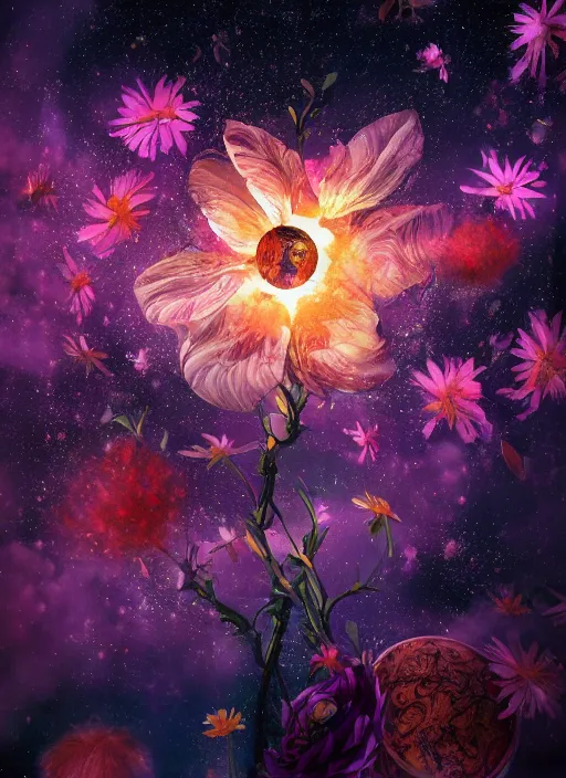 Image similar to An epic fantastic realism comic book style painting of the most beautiful spinning flowers floating into the dark and starry cosmos, exquisite bouquets, fisheye, a star implodes, unreal 5, DAZ, hyperrealistic, octane render, dynamic lighting