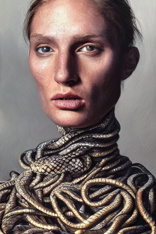 Image similar to hyperrealism oil painting, close - up portrait of face from a tangle of snakes fashion model, knight, steel gradient mixed with nebula sky, in style of baroque