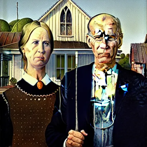 Image similar to biden and trump in famous american gothic painting, oil on canvas, hd, trending on artstation, detailed