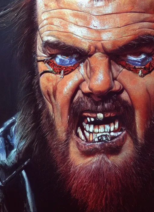 Prompt: portrait of jack nicholson as an evil warlord character in mad max 2 : the road warrior, film still, detailed realism face in painting, detailed beautiful portrait, oil painting masterpiece, 8 k resolution, smooth, sharp focus, trending on artstation, by rembrandt