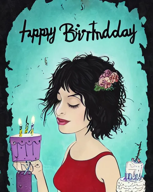 Prompt: happy birthday postcard in a style of Neil Gaiman book , birthday cake for a young black haired girl, trending on artstation, 8k, highly detailed