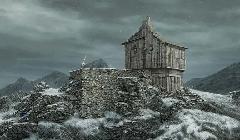 Prompt: A serene landscape with a singular building in the style of game of thrones